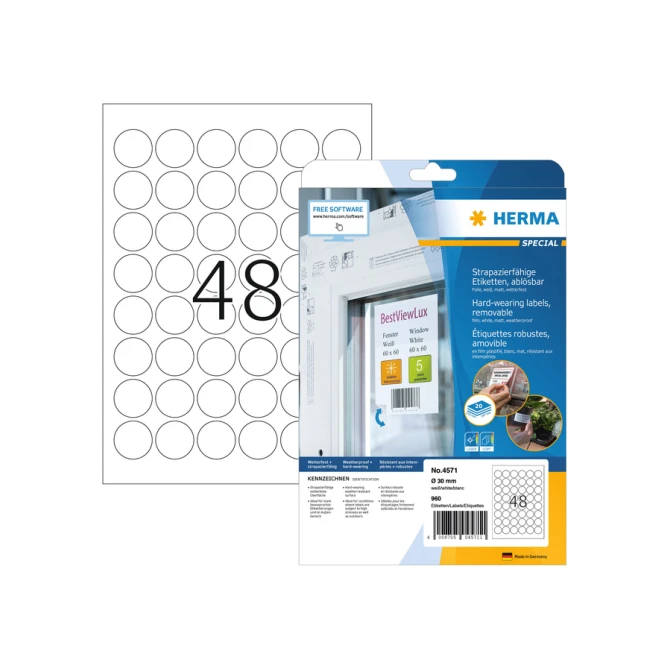 Etiket HERMA 4571 30mm rond folie wit 960 etiketten