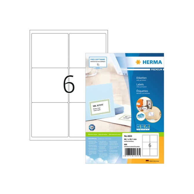 Etiket HERMA 4653 99.1x93,1mm premium wit 600stuks