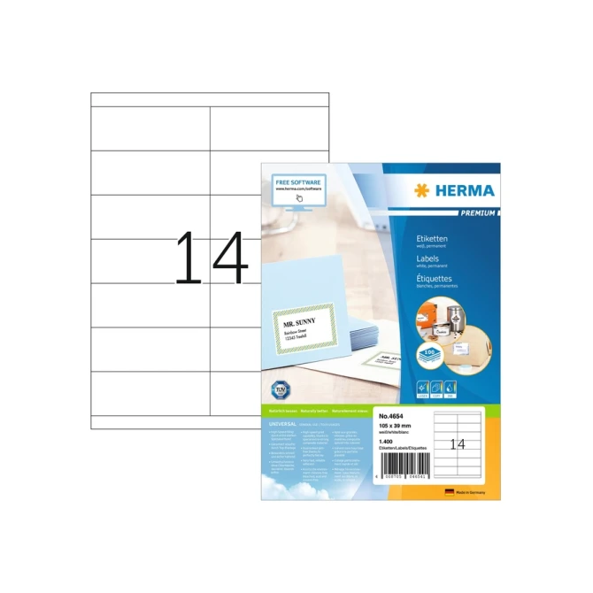 Etiket HERMA 4654 105x39mm premium wit 1400 stuks