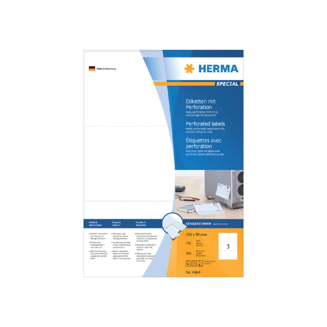 Etiket HERMA 4664 210x99mm geperforeerd wit 300stuks