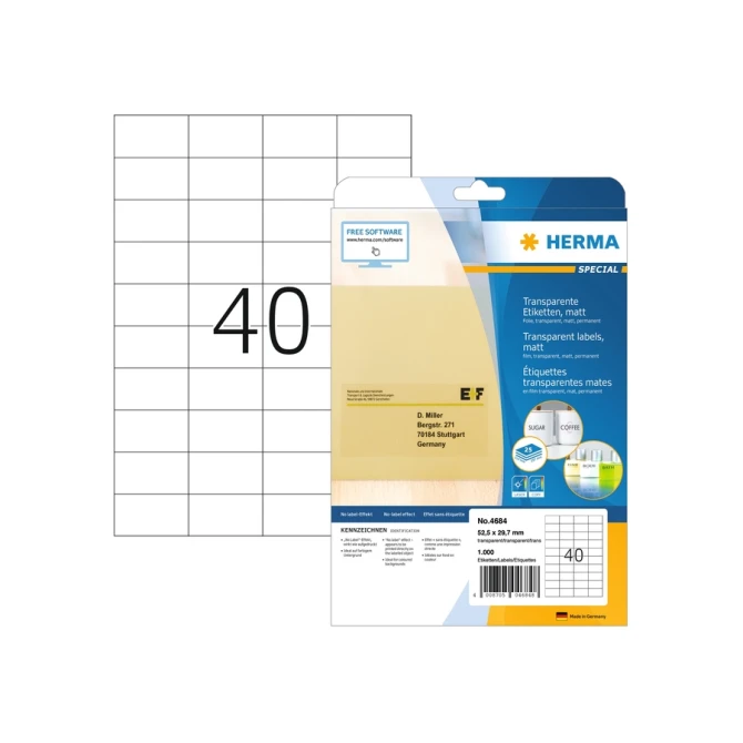 Etiket HERMA 4684 52.5x29.7mm A4 folie transparant mat