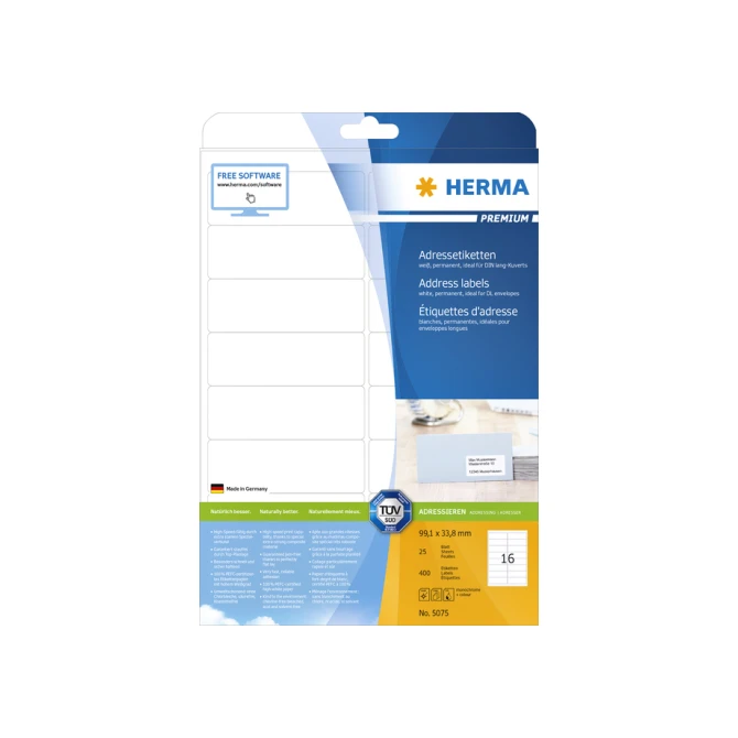 Etiket HERMA 5075 A4 99.1x33.8 mm premium 400stuks wit