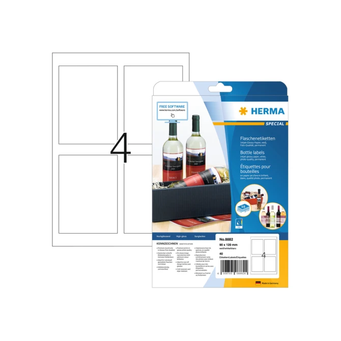 Etiket HERMA flessen 8882 90x120mm A4 glossy wit 40stuks