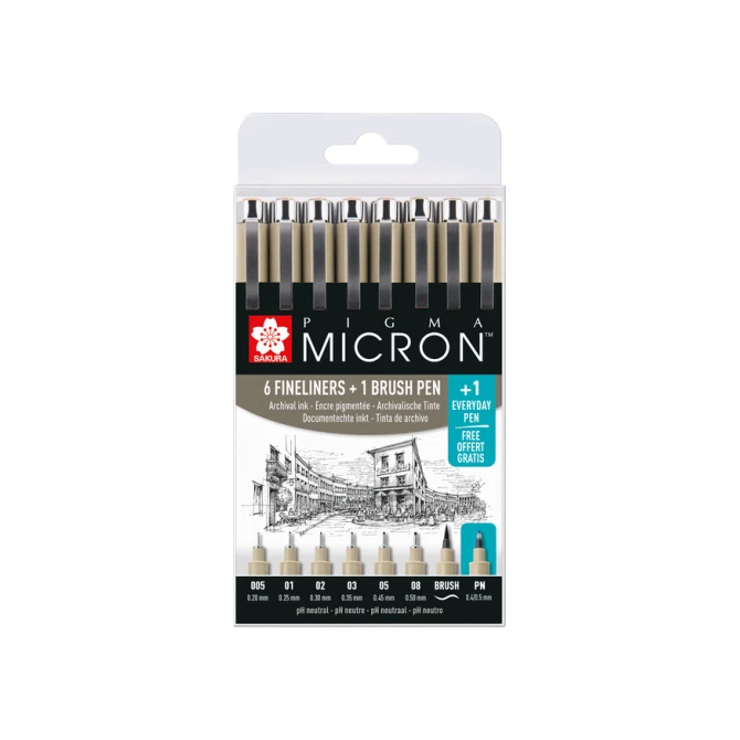 Fineliner & brush set Sakura Pigma Micron 7 + 1 Pigma Micron PN gratis