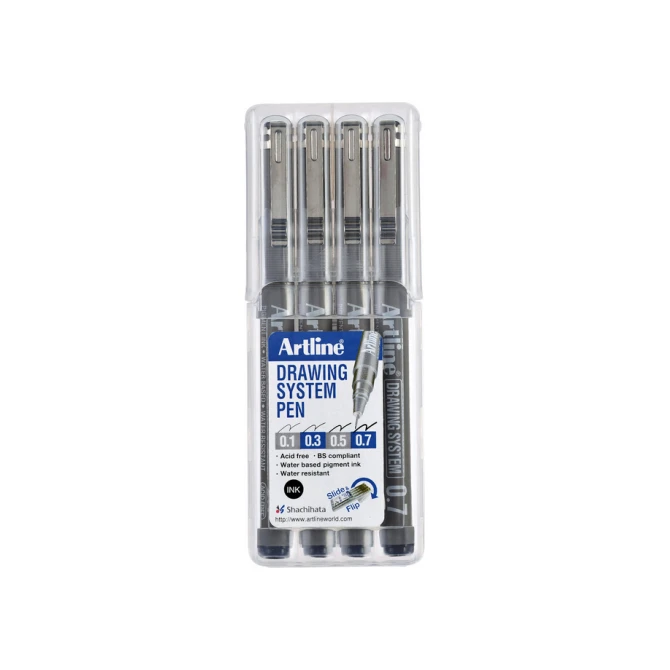 Fineliner Artline technisch etui met 0.1-0.3-0.5-0.7mm zwart