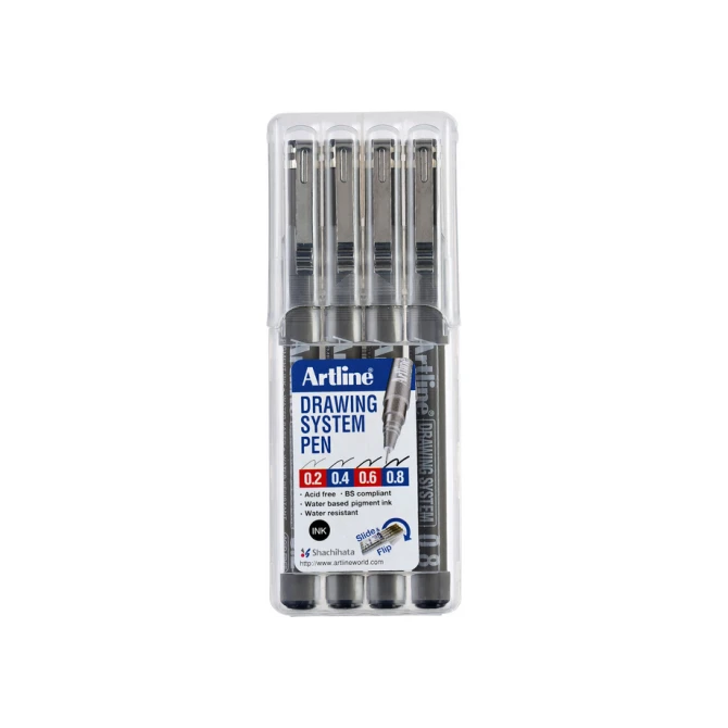 Fineliner Artline technisch etui met 0.2-0.4-0.6-0.8mm zwart