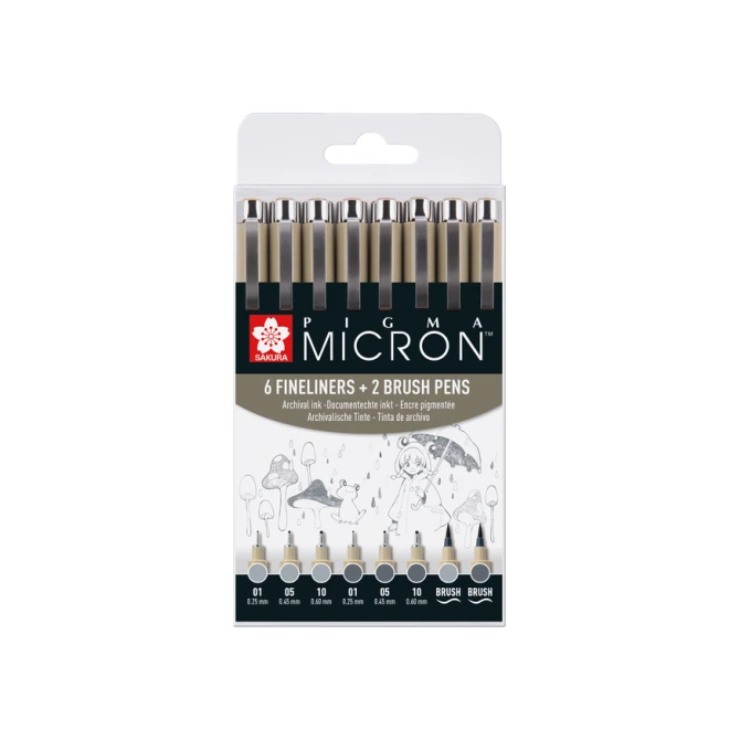 Fineliner en brushpen Sakura Pigma Micron koudgrijs set à 8 stuks assorti
