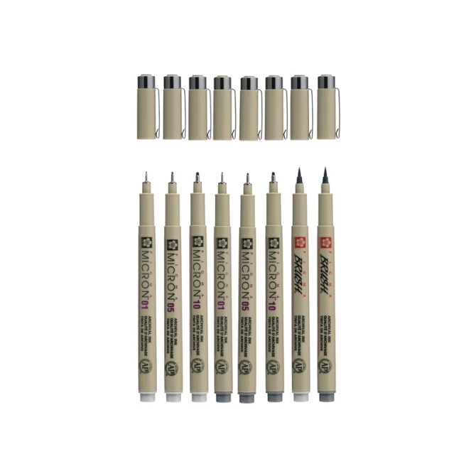 Fineliner en brushpen Sakura Pigma Micron koudgrijs set à 8 stuks assorti