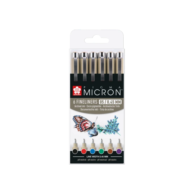 Fineliner Sakura Pigma Micron 05 basic set 6 kleuren