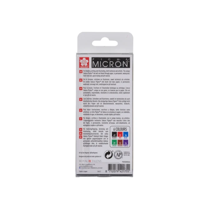 Fineliner Sakura Pigma Micron 05 basic set 6 kleuren
