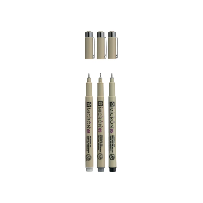 Fineliner Sakura Pigma Micron 05 set zwart & grijs 3 maten