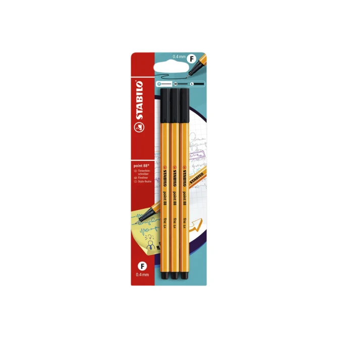 Fineliner STABILO point 88 fijn zwart blister à 3 stuks