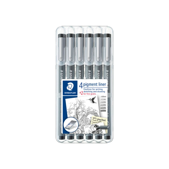 Fineliner Staedtler Pigment 308 zwart set 4+2 gratis
