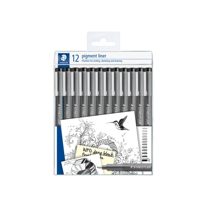 Fineliner Staedtler Pigment 308 zwart set à 12 breedtes