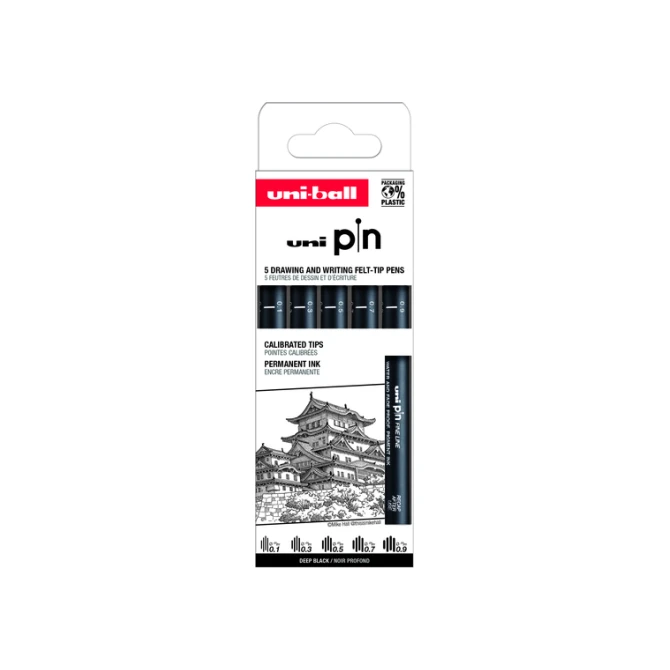 Fineliner Uni-ball Pin ASP008 set à 5 breedtes zwart