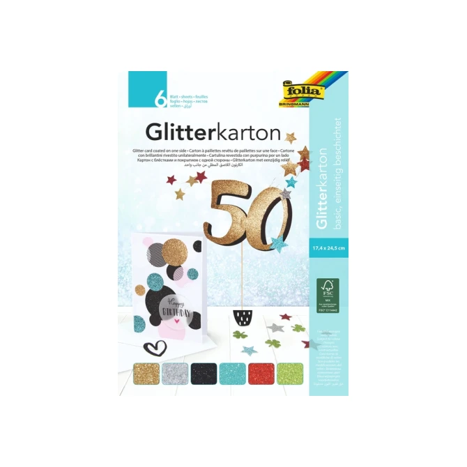 Glitterkarton Folia 174x245mm 6 vel basis assorti