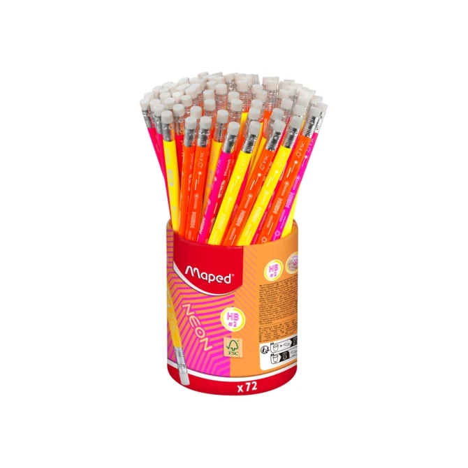 Grafietpotlood Maped Neon met gum pot à 72 stuks assorti