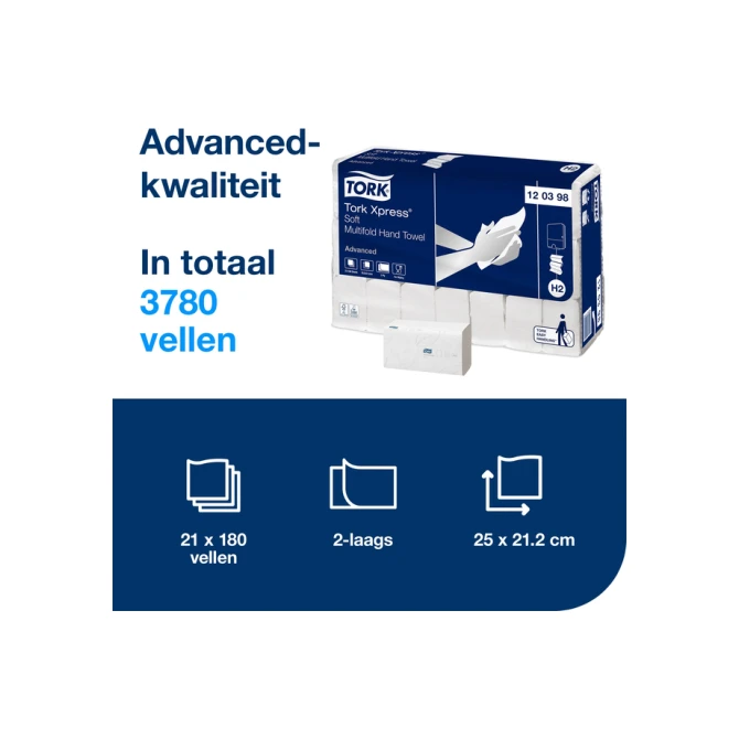 Handdoek Tork H2 Xpress Advanced multifold 2-laags 212x255mm 21x180 vel wit 120398