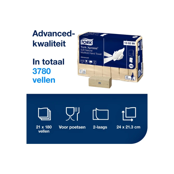 Handdoek Tork H2 Xpress Advanced multifold 2-laags 213x240mm 21x180 vel naturel 130299