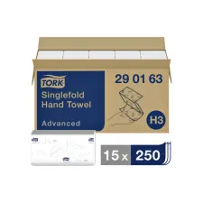 Handdoek Tork H3 Advanced singlefold 2-laags 248x230mm 15x250 vel wit 290163 Handdoek Tork H3 Advanced singlefold 2-laags 248x230mm 15x250 vel wit 290163