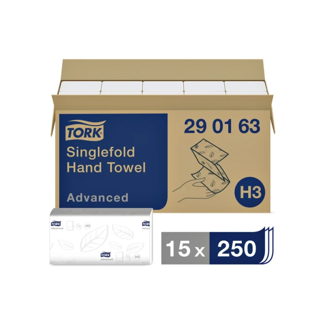 Handdoek Tork H3 Advanced singlefold 2-laags 248x230mm 15x250 vel wit 290163