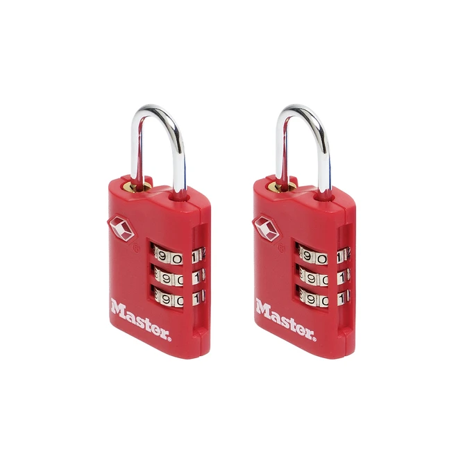Hangslot Masterlock 3-cijfer combi TSA set van 2 sloten assorti in willekeurige kleur 30mm 2 stuks