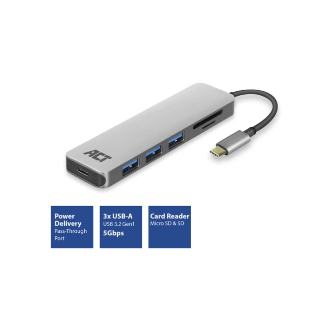 Hub ACT USB-C 3.0, 3x USB-A cardreader PD p-through
