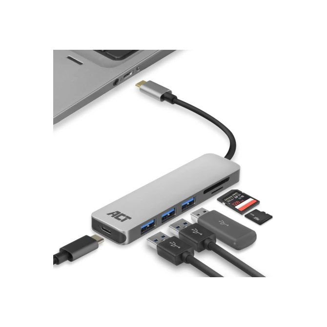 Hub ACT USB-C 3.0, 3x USB-A cardreader PD p-through