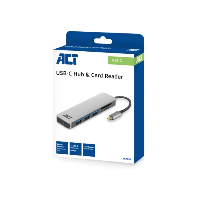 Hub ACT USB-C 3.0, 3x USB-A cardreader PD p-through