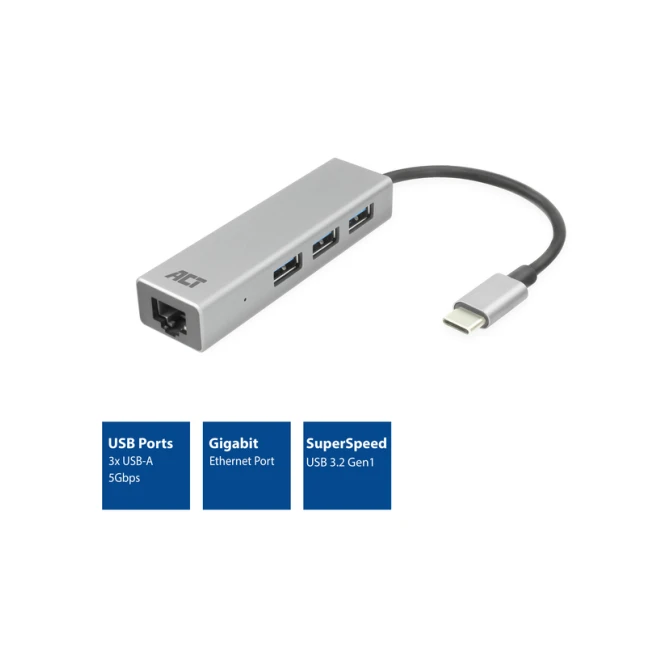 Hub ACT USB-C 3.0 3x USB-A Gigabit ethernet