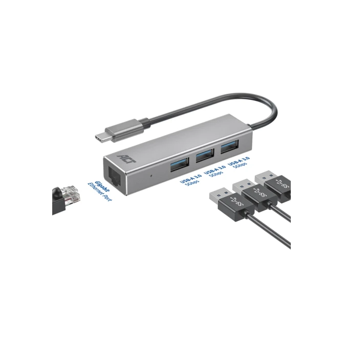 Hub ACT USB-C 3.0 3x USB-A Gigabit ethernet