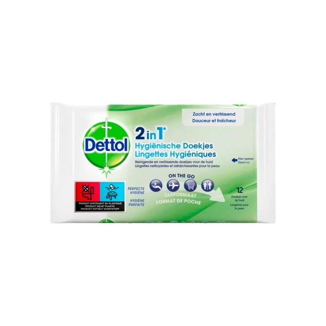 Hygiënische verfrissingsdoekjes Dettol Wipes 2-in-1 12st