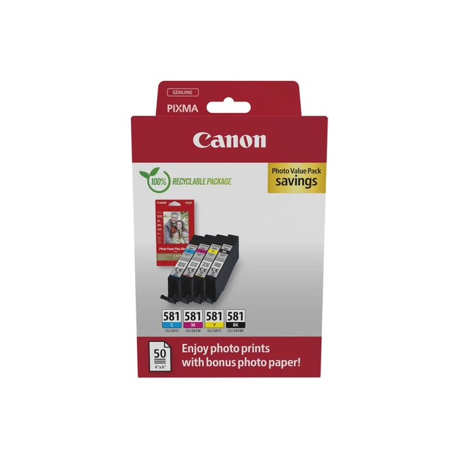 Inktcartridge Canon CLI-581 4 kleuren + papier
