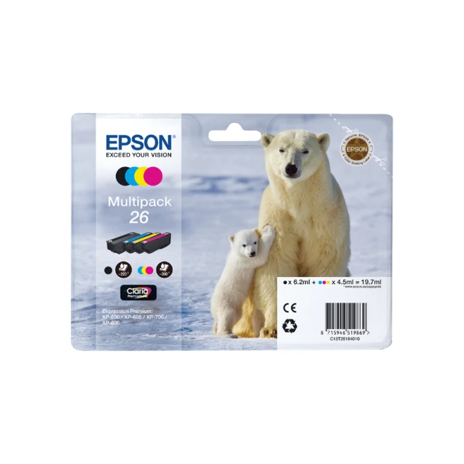 Inktcartridge Epson 26 T2616 zwart + 3 kleuren Inktcartridge Epson 26 T2616 zwart + 3 kleuren