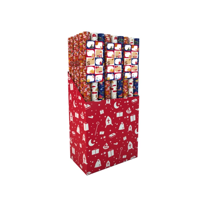 Inpakpapier Sint 200x70cm set à 3 rollen + stickervel met 10 etiketten assorti