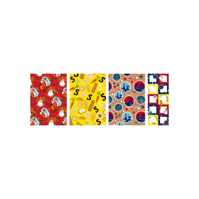 Inpakpapier Sint 200x70cm set à 3 rollen + stickervel met 10 etiketten assorti