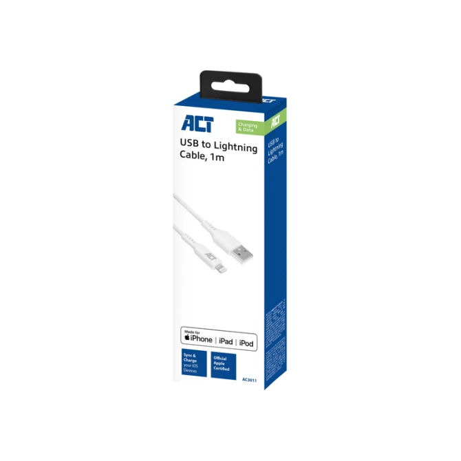 Kabel ACT USB 2.0 naar Lightning laad -en data 1 meter