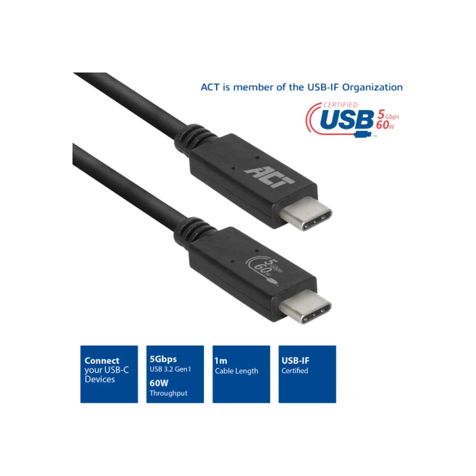 Kabel ACT USB 3.2 USB-C USB-IF gecertificeerd 1 meter
