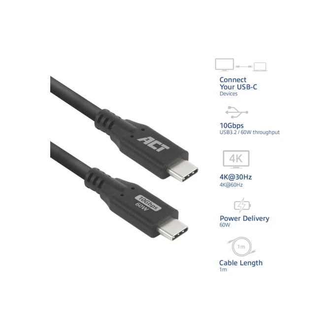 Kabel ACT USB-C 3.0 10Gbps 60W USB 1 meter