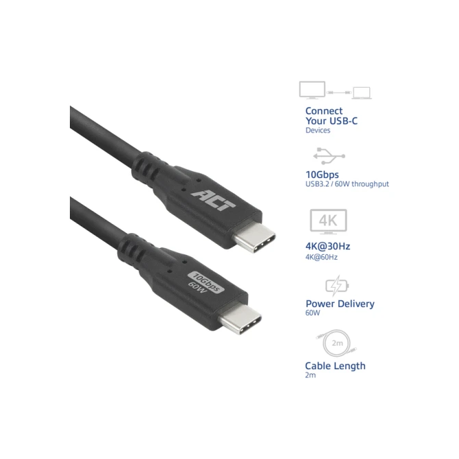Kabel ACT USB-C 3.2 GEN.2 M/M zwart 2 meter