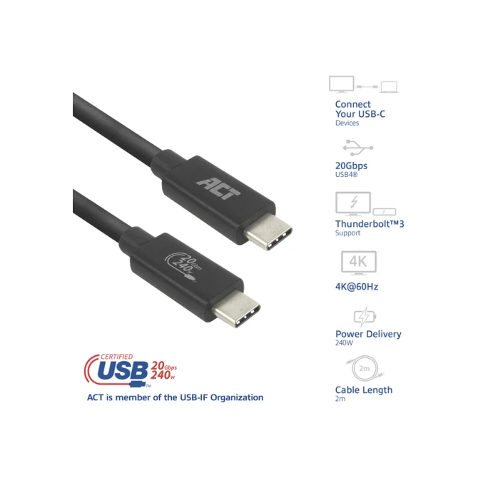 Kabel ACT USB-C 4.0 20Gbps Thunderbolt 3 2m