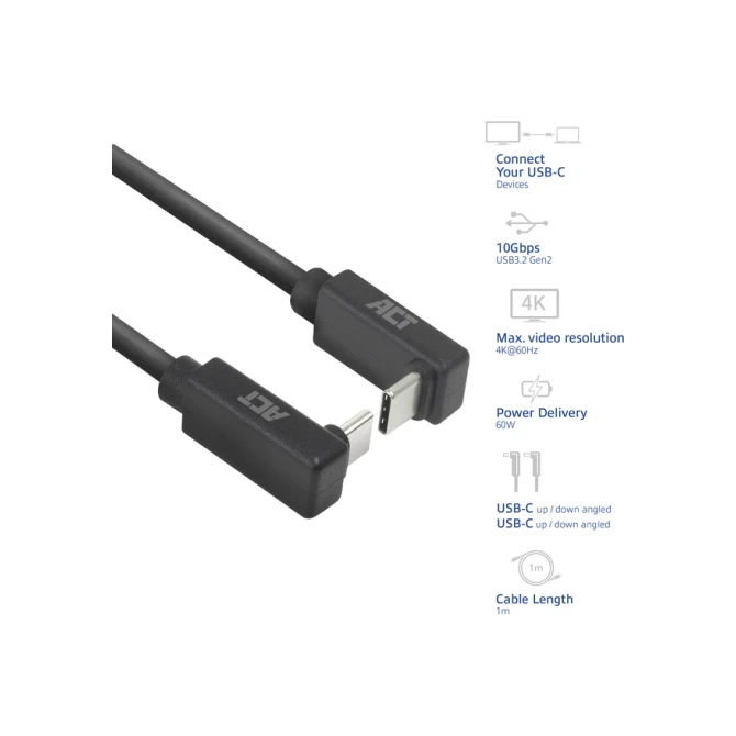 Kabel ACT USB-C hoek boven/beneden 10Gbps 1m