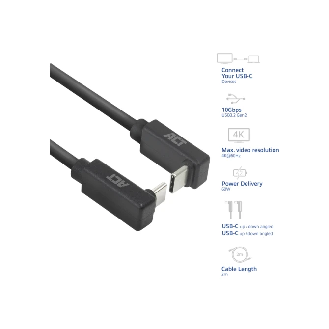 Kabel ACT USB-C hoek boven/beneden 10Gbps 2m