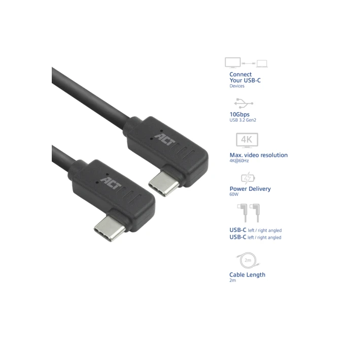 Kabel ACT USB-C hoek links/rechts 10Gbps 2m