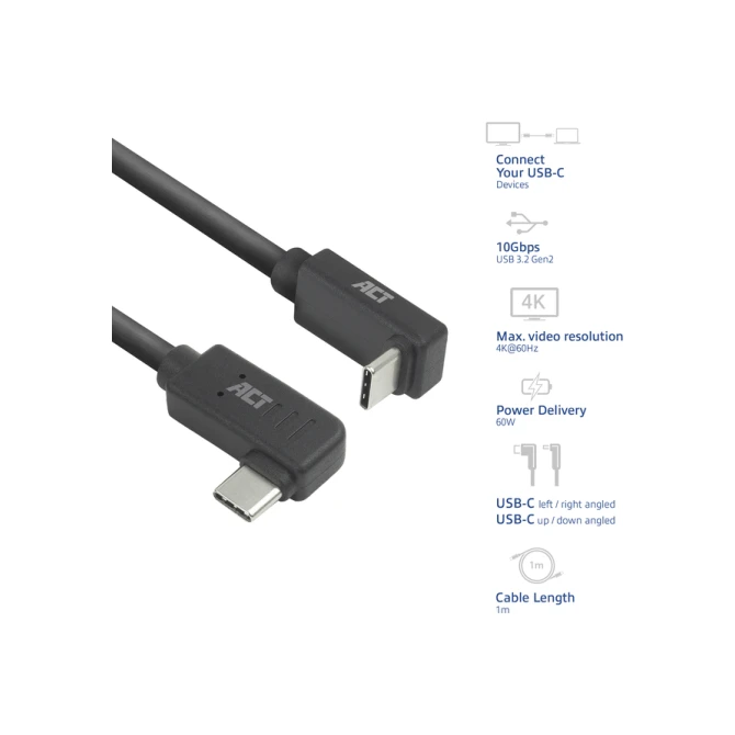Kabel ACT USB-C hoek links/rechts USB-C hoek boven/beneden 10Gbps 1m
