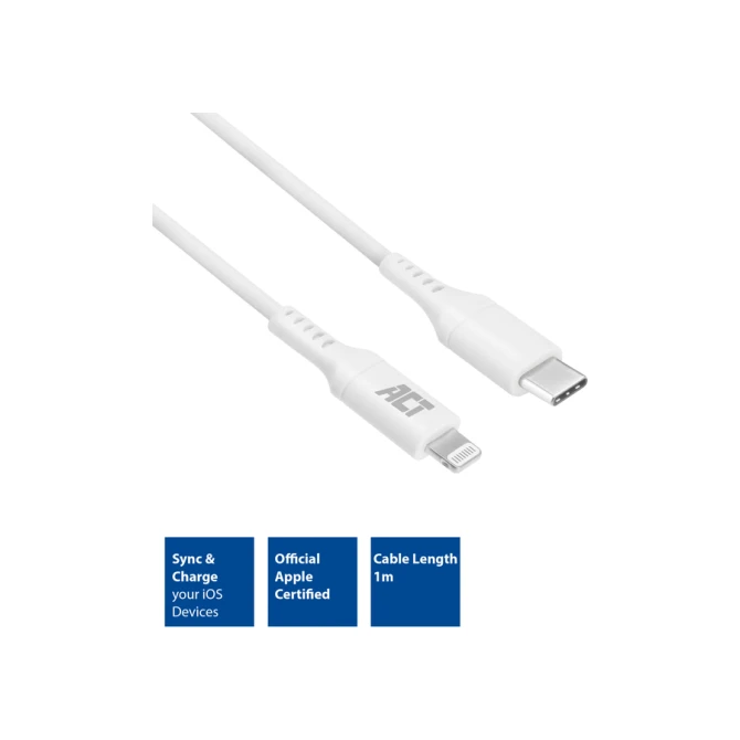 Kabel ACT USB-C naar Lightning laad -en data 1 meter Kabel ACT USB-C naar Lightning laad -en data 1 meter