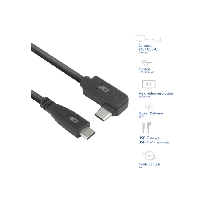 Kabel ACT USB-C standaard naar USB-C hoek 10Gbps 1m