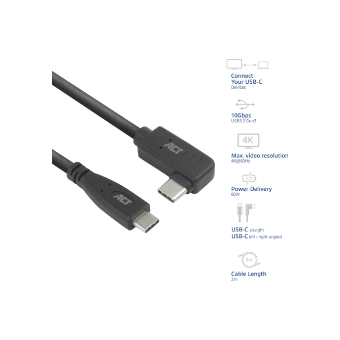 Kabel ACT USB-C standaard naar USB-C hoek 10Gbps 2m