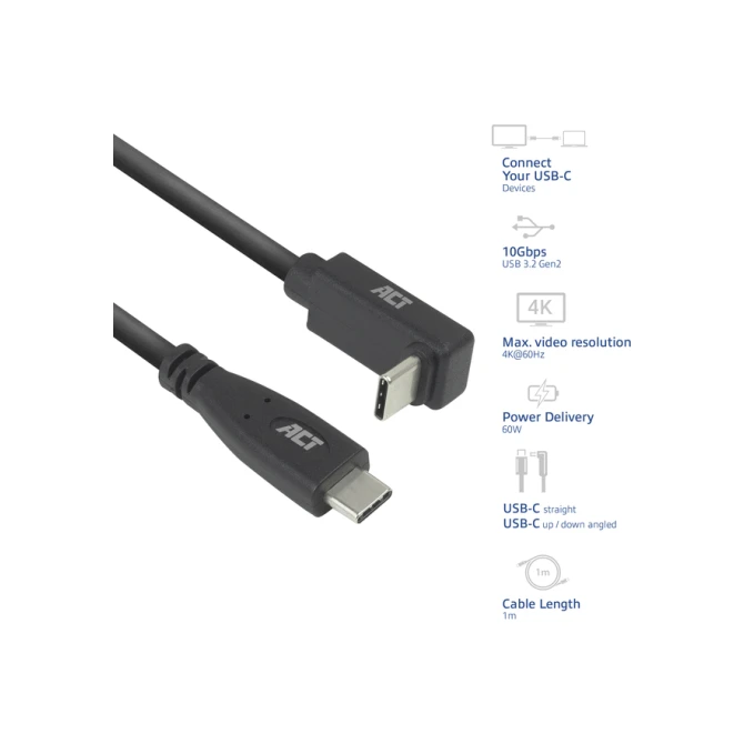 Kabel ACT USB-C standaard naar USB-C hoek boven/beneden 10Gbps 1m