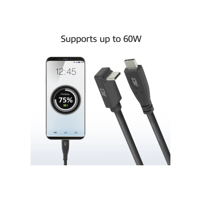 Kabel ACT USB-C standaard naar USB-C hoek boven/beneden 10Gbps 1m